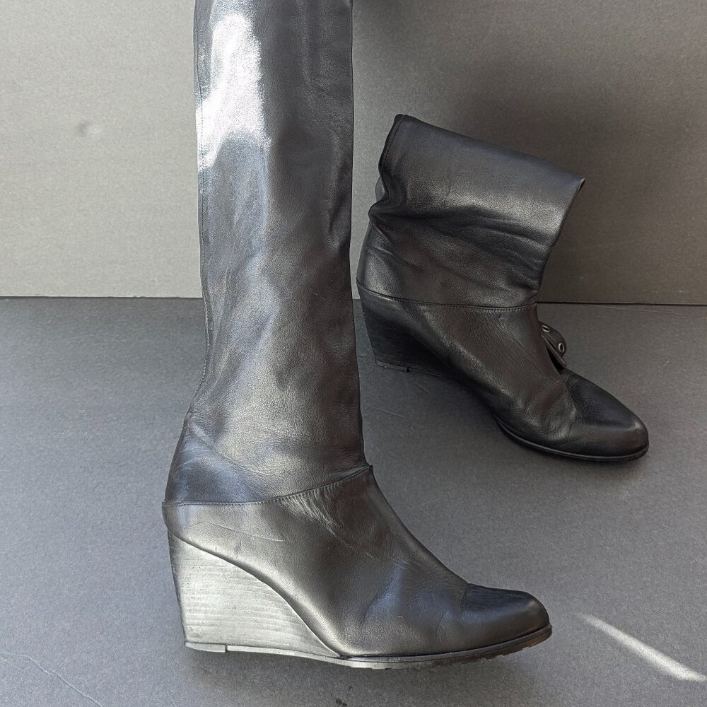 Wedge Heel Knee High Leather Boots Black 9 Goth Spain Witchy Boots